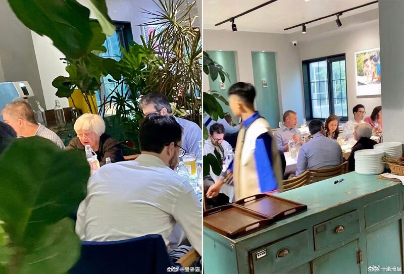 云南餐厅“一坐一忘”官方微博贴出，美国财长耶伦抵华第一晚用餐照片。(截图自微博)