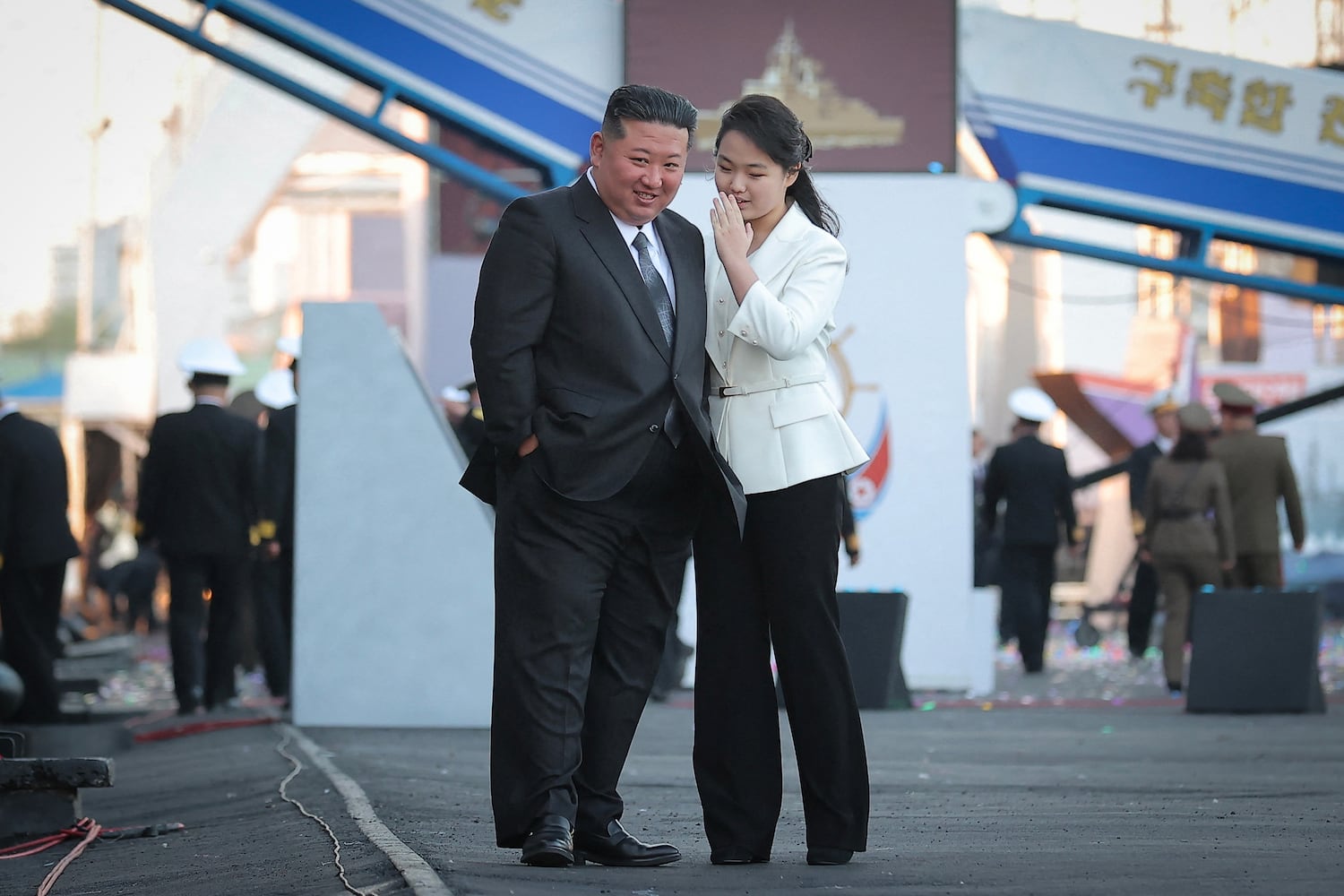 North Korean leader Kim Jong Un and daughter Kim Ju Ae at an event launching a 