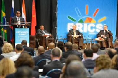 Một cuộc họp báo bên lề Hội nghị thượng đỉnh các nước BRICS nhóm họp ở Durban, Nam Phi từ 26 đến 27 tháng 3.