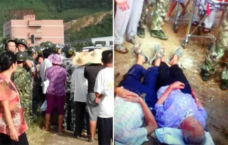 蒜嶺村數十村民見政府派人破壞農地,於是上前阻止,即被警方拉走。有老村民阻止期間與警方發生推撞,有村民受傷倒地需送院救治。(村民提供)