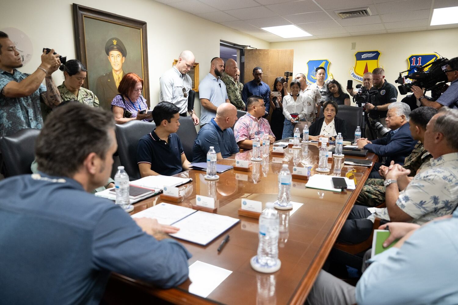 U.S. Secretary of Defense Pete Hegseth (left) meets with Guam governor
Lou Leon Guerrero (center) and CNMI governor Arnold Palacios (right) on his visit to the U.S. Pacific territory of Guam on Mar. 27, 2025.