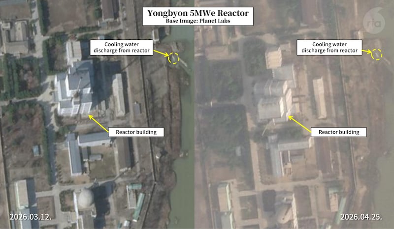 Water discharge is visible from the 5-megawattt reactor on high-resolution imagery from January to April this year. This discharge is one of the indicators that the reactor has been operating for that timeframe as part of the plutonium production cycle at the Yongbyon Nuclear Complex in North Korea.