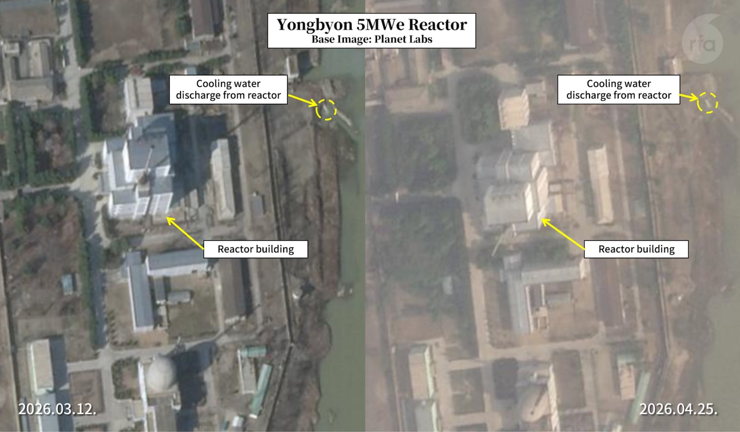 Water discharge is visible from the 5-megawattt reactor on high-resolution imagery from January to April this year. This discharge is one of the indicators that the reactor has been operating for that timeframe as part of the plutonium production cycle at the Yongbyon Nuclear Complex in North Korea.