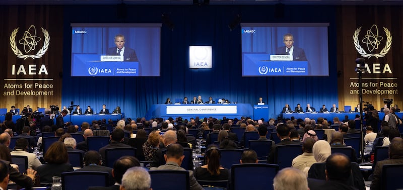 국제원자력기구(IAEA) 라파엘 그로시 사무총장이 2026년 9월 14일 오스트리아 빈에 있는 IAEA 본부에서 열린 이사회 회의에서 발언하고 있다.