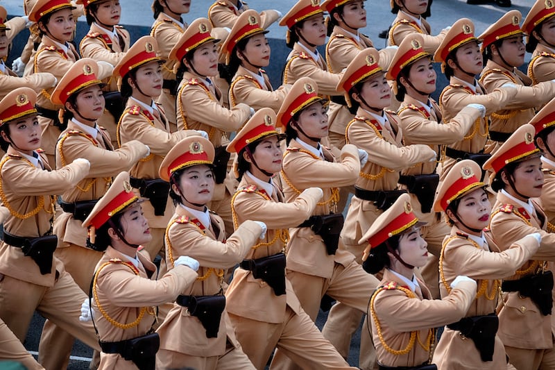 Women police officers march during a parade celebrating the 50th anniversary of the end of the Vietnam War, April 30, 2025, in Ho Chi Minh City, Vietnam.