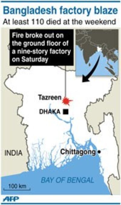 Vị trí xưởng may ở Dhaka, Bangladesh bị cháy hôm thứ Bảy 24/11/2012 khiến 111 người chết. AFP
