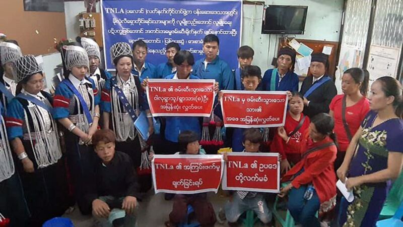 Members of the Kholon Lishaw ethnic minority group from the Pansay area of Namhkam township in Myanmar's northern Shan state hold a press conference in Mandalay, March 13, 2019.