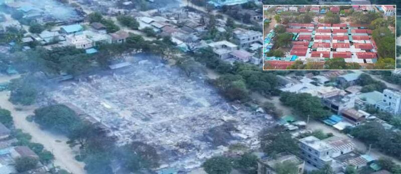 Approximately 250 shops in the Tin Tein Yan village market were destroyed. The inset photo shows the market before the attack. Credit: Citizen journalist