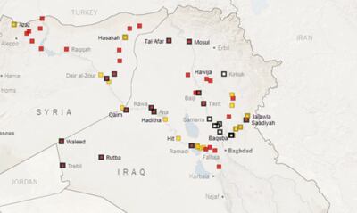 Tình hình Iraq - ô đỏ: thuộc về ISIL - ô đỏ viền đen: ISIL mới chiếm giữ - ô đen: đang có chiến sự - ô vàng: thuộc về chính phủ - Courtesy of Columbia University