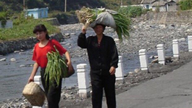 북한의 농촌 여성들이 농산물을 팔기 위해 장마당으로 가고 있다.