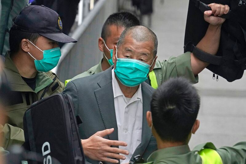 壹传媒创办人黎智英早前已身负多宗未经批准集结罪,是日被加刑后,总刑期达至20个月。 (美联社)