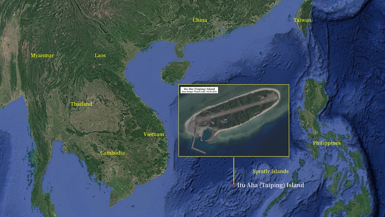 Itu Aba (also known as Taiping Island) is the largest naturally occurring feature in the Spratly Islands, located in the South China Sea.
