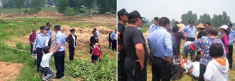 2013年5月14日，湖北省襄陽市南漳縣文筆峰村一組，遭縣政委帶領近百警員和城管進村強征土地，有村民被打倒地上。（當地村民攝）