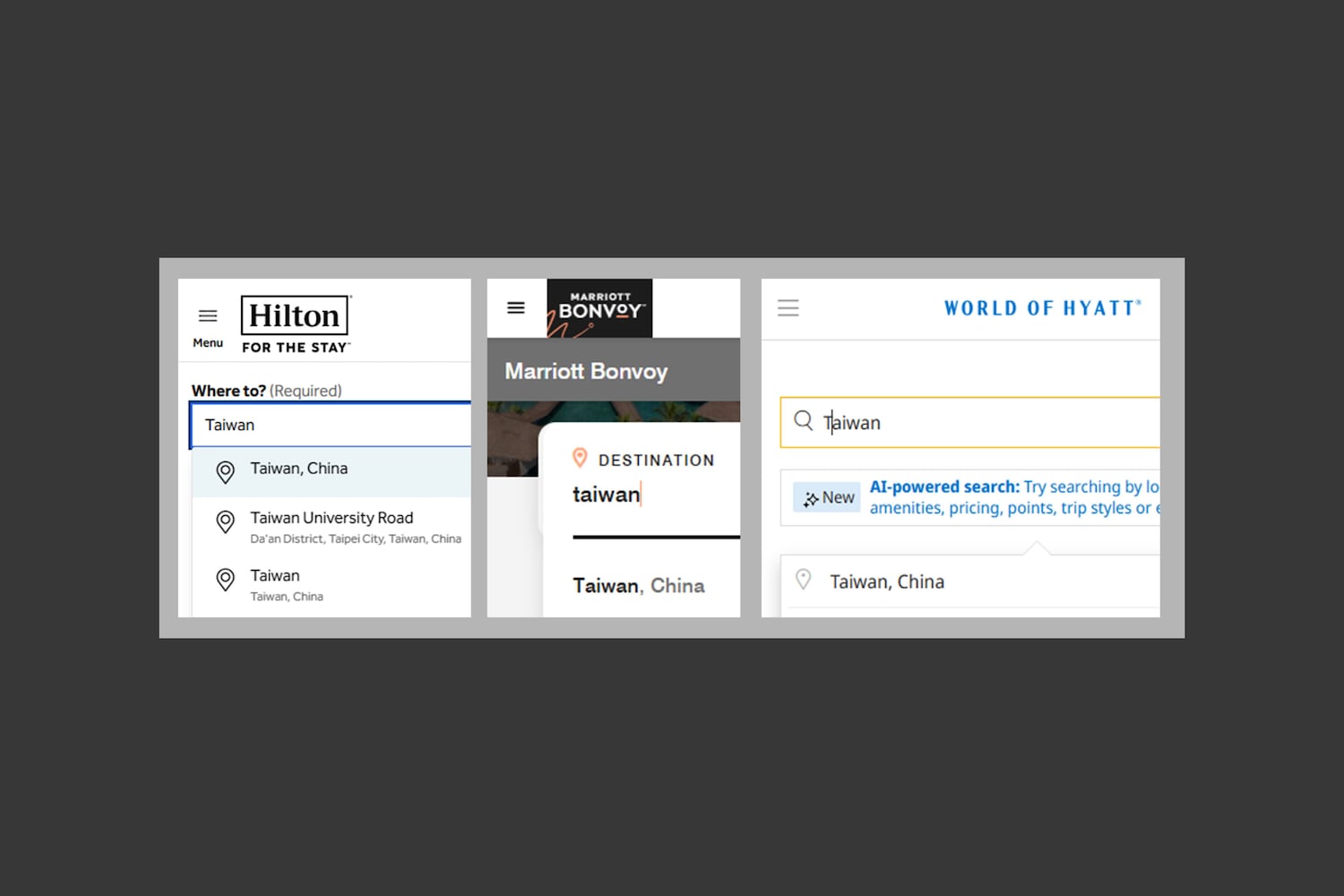 Hilton, Marriott, and Hyatt's official websites all label Taiwan as 