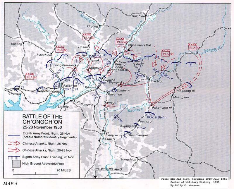 1950年11月25日—28日的清川江战役战况示意图。（维基百科）