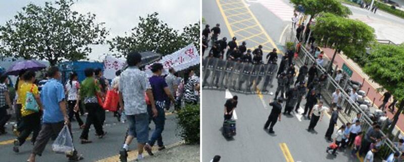 2013年5月20日，廣東省深圳市台資“金順台”工藝廠近三百名被欠薪的工人遊行往松崗鎮政府和台商協會求助。工人遊行過程中，沿途有大批警察戒備，其後當局增派大批武警，工人遭攔截抓捕。（由現場工人提供）
