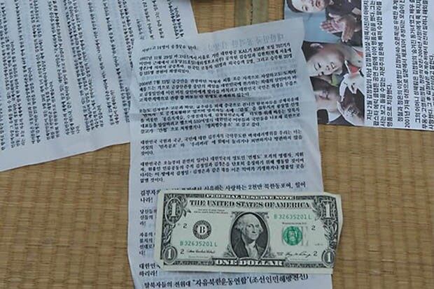 탈북자단체 자유북한운동연합 회원들이 북한으로 날려 보낸 대북전단과 미화 1달러 지폐.