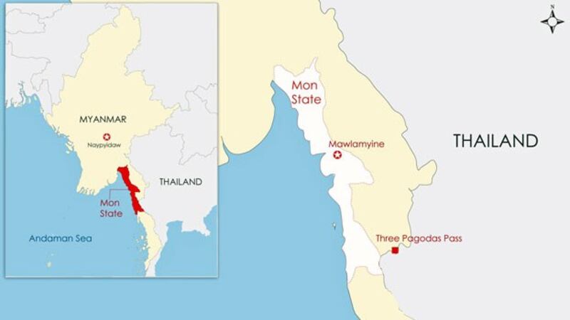 A map showing Mawlamyine, capital of southeastern Myanmar's Mon state, and the Three Pagodas Pass on the Myanmar-Thailand border in neighboring Kayin state.