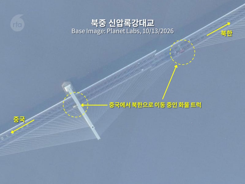미국의 상업위성이 지난 13일 촬영한 위성사진에 따르면 신압록강대교 위로 화물 트럭이 중국 측에서 북한 측으로 넘어가고 있다.