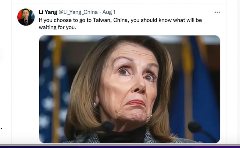 中國駐里約熱內盧總領事李楊使用醜化佩洛西圖片並發出威脅。 (李楊推特)