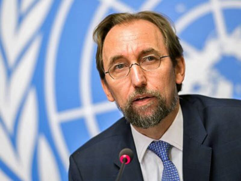 Zeid Ra'ad Al Hussein, the United Nations high commissioner for human rights, delivers a speech during a press conference at the U.N. offices in Geneva, Aug. 30, 2017.