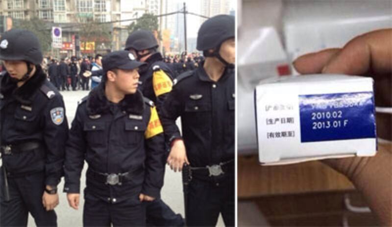 左圖：大批警察到場維持秩序。右圖：有家長發現幼兒園給孩子食用的藥片已過期。（家長攝）