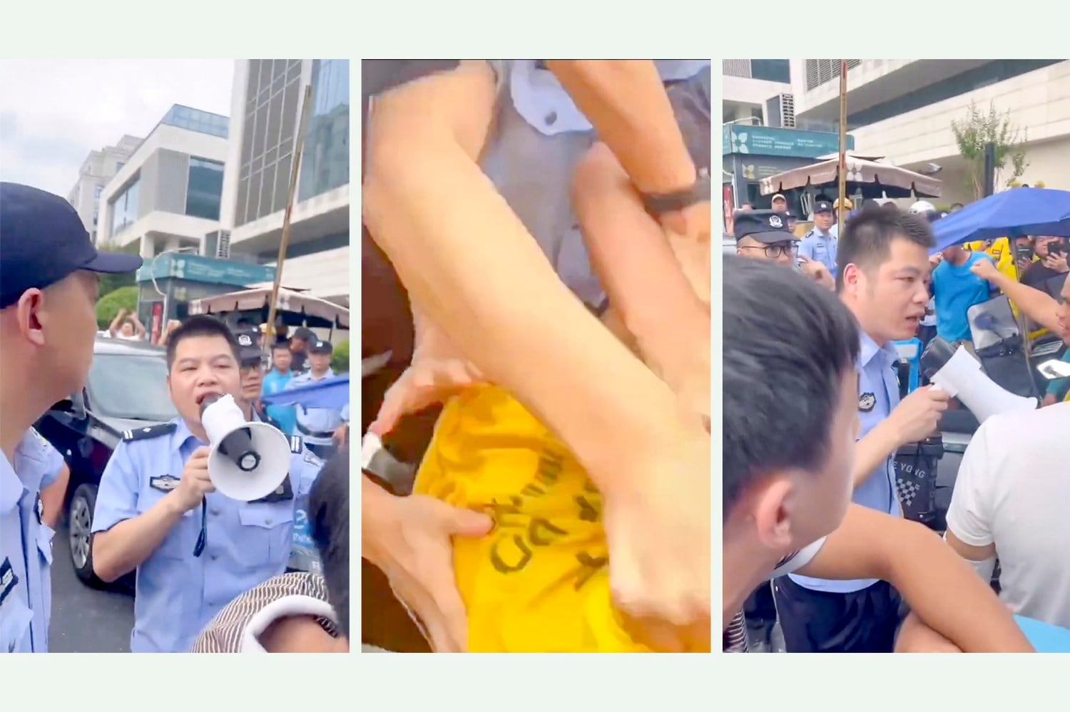 Dozens of delivery drivers protest after a private security guard forced a fellow delivery driver to kneel and threatening her with a fine in an Aug. 12, 2024 post on X. (@whyyoutouzhele via X)