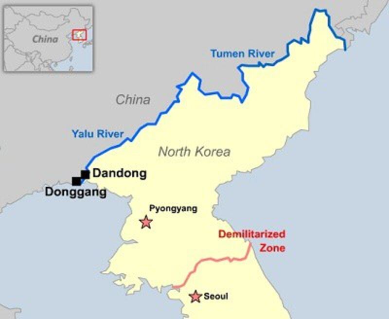 A map showing of the North Korea-China border showing Donggang and Dandong.