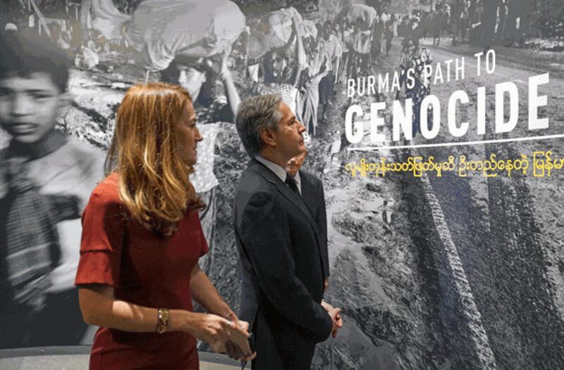 US Secretary of State Antony Blinken tours the "Burma's Path To Genocide" exhibit at the United States Holocaust Memorial Museum in Washington, DC, March 21, 2022. Credit: AFP