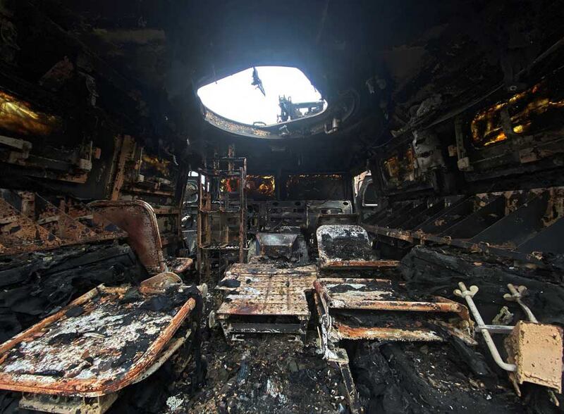 An interior view shows a destroyed Russian army Tigr-M infantry vehicle in Kharkiv, Ukraine, Feb. 28, 2022. (Reuters)