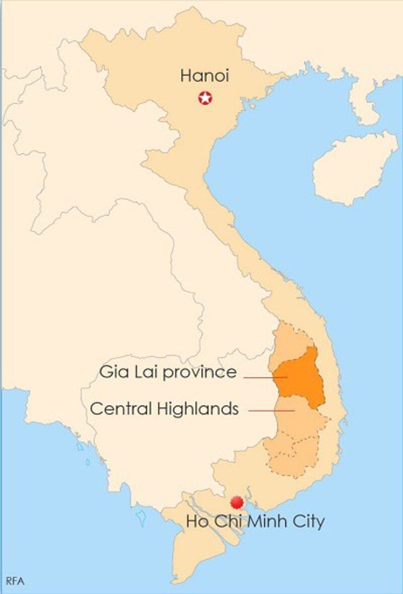 A map showing Gia Lai province in Vietnam's Central Highlands region. Photo credit: RFA.