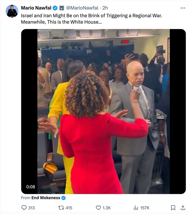 5. X用戶發布視頻，指責白宮在伊朗以色列情勢緊張之際，還在唱歌跳舞。視頻為真，但發生在伊朗空襲以色列之前，兩者無關聯。圖取自X.png