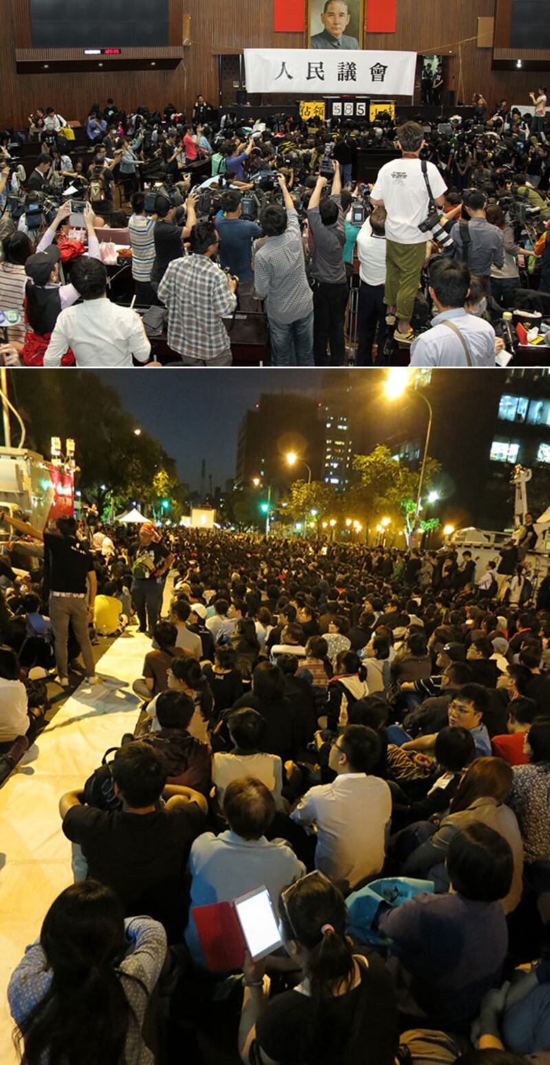 上圖：4月10日，台灣學生離開議場前，宣讀人民議會結論。下圖：四、五千名民眾在立法院旁濟南路上集會。（粵語部記者鍾廣政拍攝）