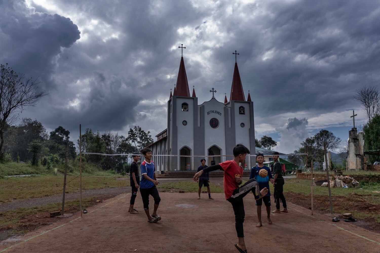 Children play outside Bia Blo church near Demoso, Kayah state, Myanmar, Oct. 31, 2024.