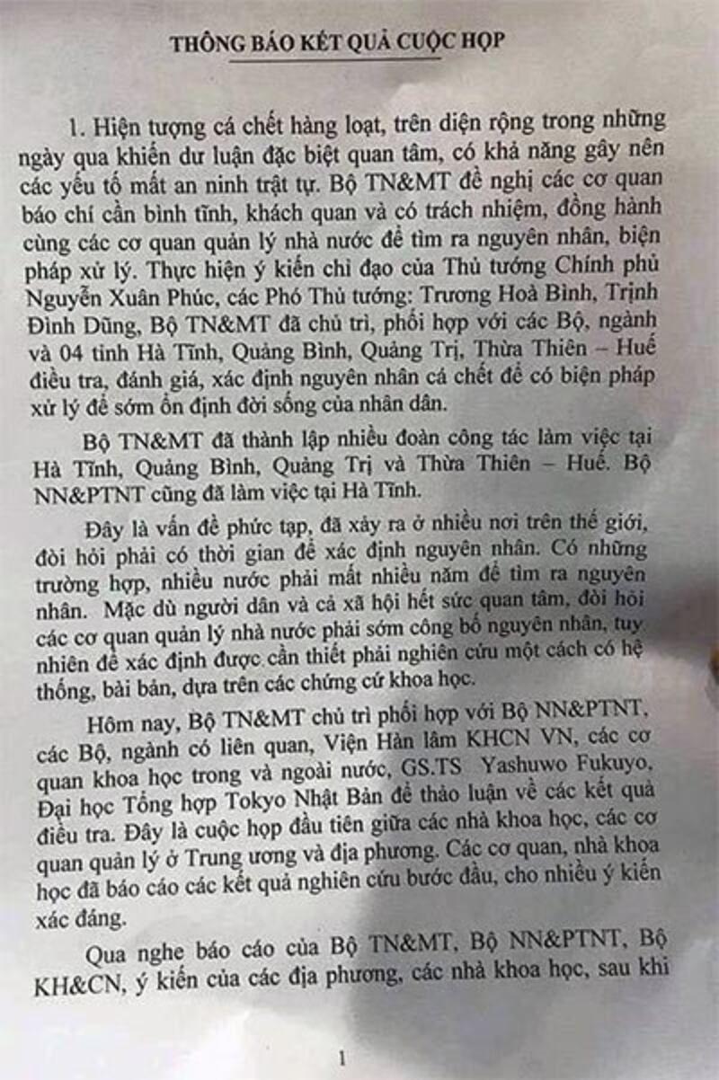 Văn bản của Bộ Tài nguyên Môi trường về kết quả điều tra nguyên nhân cá chết hàng loạt ở miền Trung.