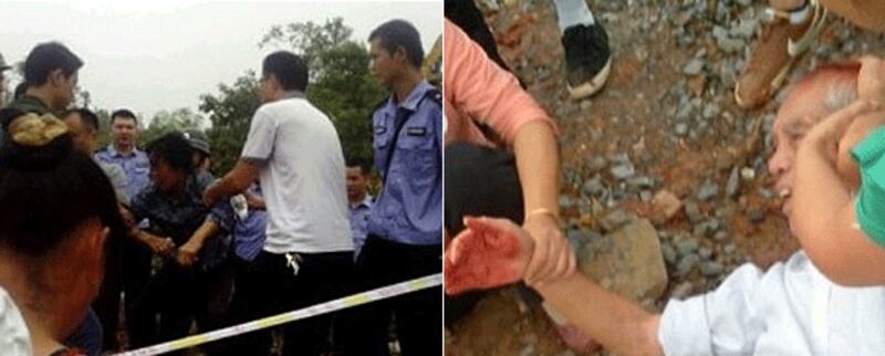 村民集體到工地阻工，遭數百特警鎮壓，多名村民被抓捕。村民被特警打傷，部份人頭部重創倒地，現時仍有六名村民傷重留院。（相片由村民黃先生提供）