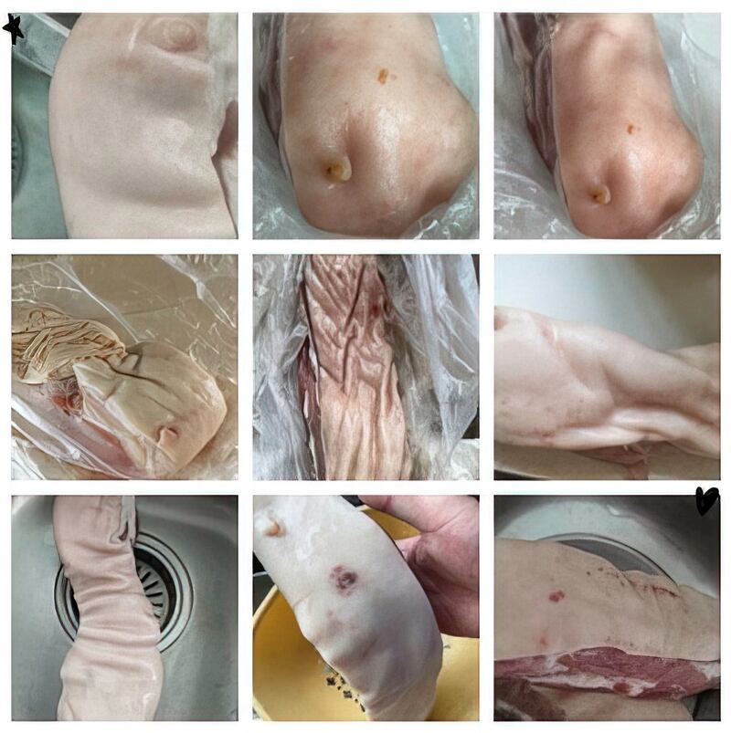 噁心「大禮包」問題豬肉,上海民眾吃到腹瀉。(微信圖片)