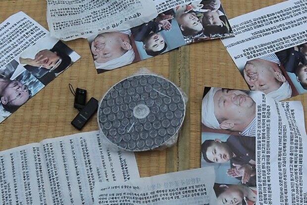 탈북자단체 자유북한운동연합 회원들이 북한으로 날려보낸 3대세습을 비판하는 내용의 전단지, 동영상이 담긴 DVD와 USB, 미화 1달러 지폐 등.