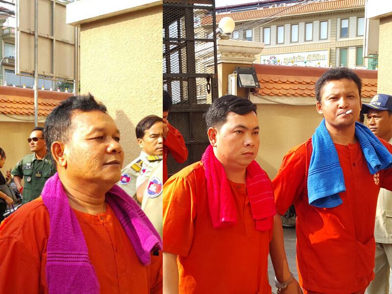 (ពី​ឆ្វេង) លោក សុត វណ្ណនី លោក ចាយ សារិទ្ធ និង​លោក ម៉ៅ ហឿន ជន​សង្ស័យ​វាយ​តំណាងរាស្ត្រ​បក្ស​សង្គ្រោះជាតិ ពេល​បញ្ជូន​មក​កាន់​សាលាដំបូង​រាជធានី​ភ្នំពេញ នៅ​ព្រឹក​ថ្ងៃ​ទី​១០ ខែ​ឧសភា ឆ្នាំ​២០១៦។ RFA/Rann Samnang