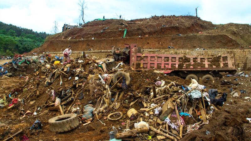 The aftermath of the Myanmar junta airstrike on the Mung Lai Hkyet displaced persons camp near Laiza, Kachin state, are seen on Oct. 10, 2023. Credit: AFP