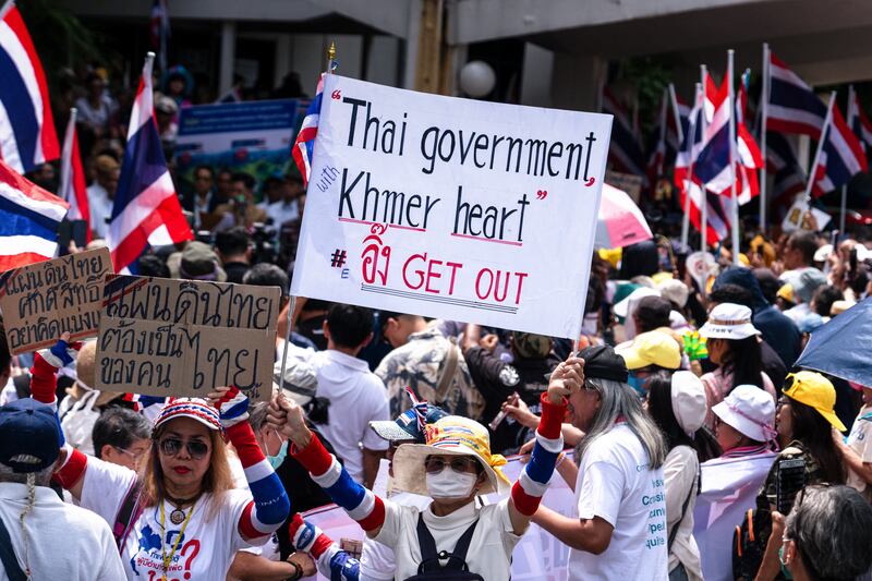 Thai protesters rally against the government's handling of a border dispute with Cambodia in Bangkok on June 10, 2025.