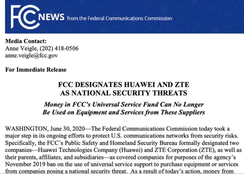 2020年6月30日，美國聯邦通信委員會（FCC）認定華為和中興通訊能美國國家安全構成威脅，並禁止本國運營商使用政府補貼計畫資金購買、維護和支援兩家中國通信企業的設備和服務等。（FCC官網截圖）
