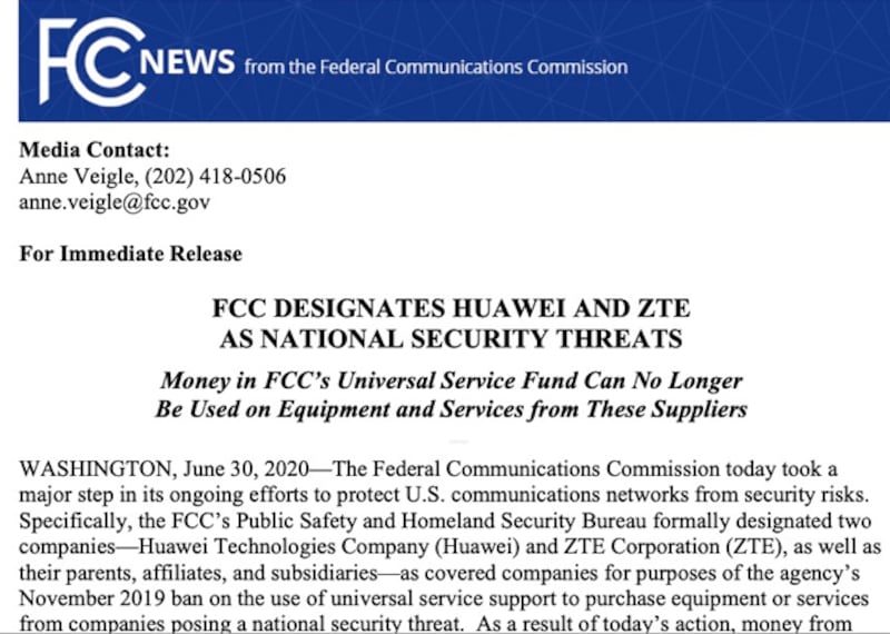 2020年6月30日,美國聯邦通信委員會(FCC)認定華為和中興通訊能美國國家安全構成威脅,並禁止本國運營商使用政府補貼計畫資金購買、維護和支援兩家中國通信企業的設備和服務等。(FCC官網截圖)