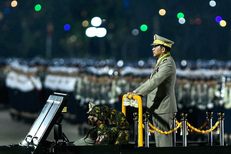 ၂၀၂၄ ခုနှစ် မတ်လ ၂၇ ရက်နေ့က နေပြည်တော်တွင် ကျင်းပသည့် တပ်မတော်နေ့အခမ်းအနား တက်ရောက်လာသော စစ်ကောင်စီခေါင်းဆောင် ဗိုလ်ချုပ်မှူးကြီး မင်းအောင်လှိုင်။ Photo: Myanmar Military