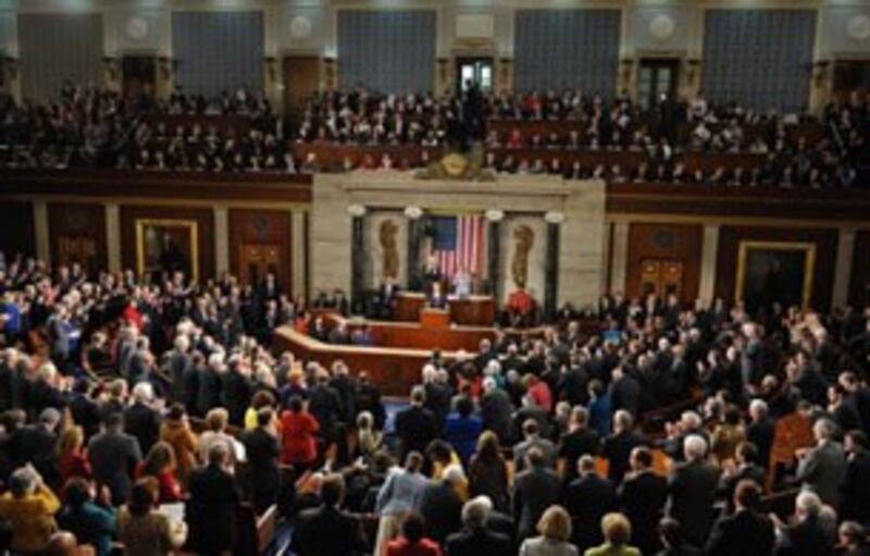 Toàn cảnh buổi đọc Diễn văn của Tổng thống Barack Obama về Tình trạng Liên bang trước Quốc Hội Hoa Kỳ. AFP PHOTO.
