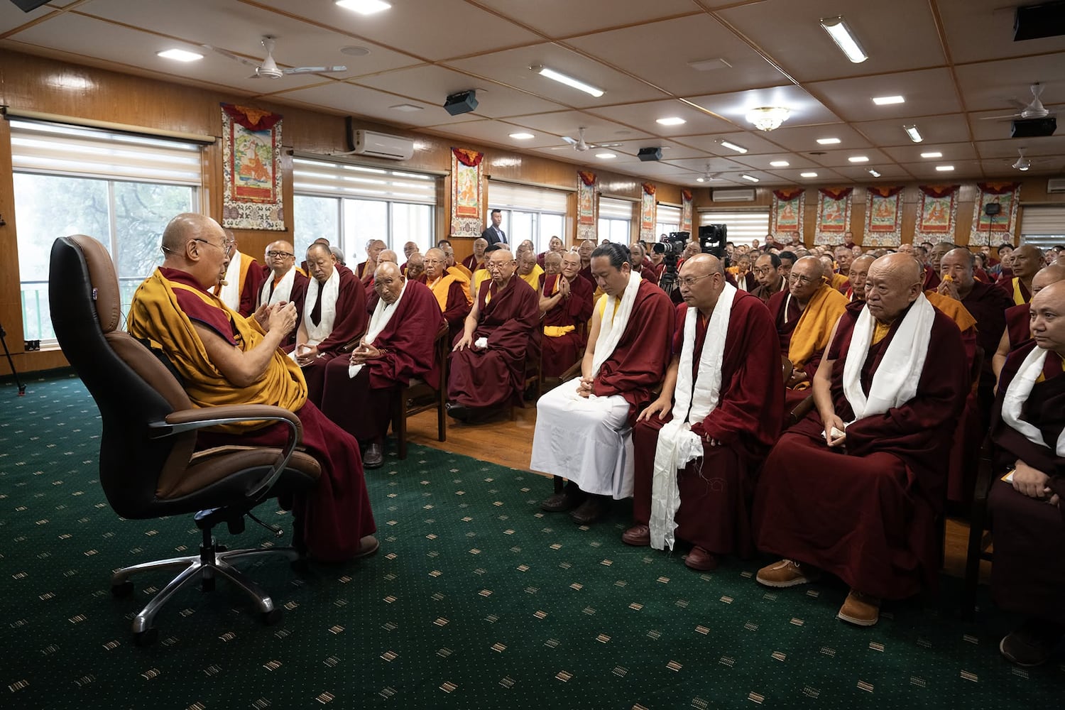Tibetan spiritual leader the Dalai Lama meets with religious leaders at the end of a three-day conference in Dharamsala, India, July 4, 2025.