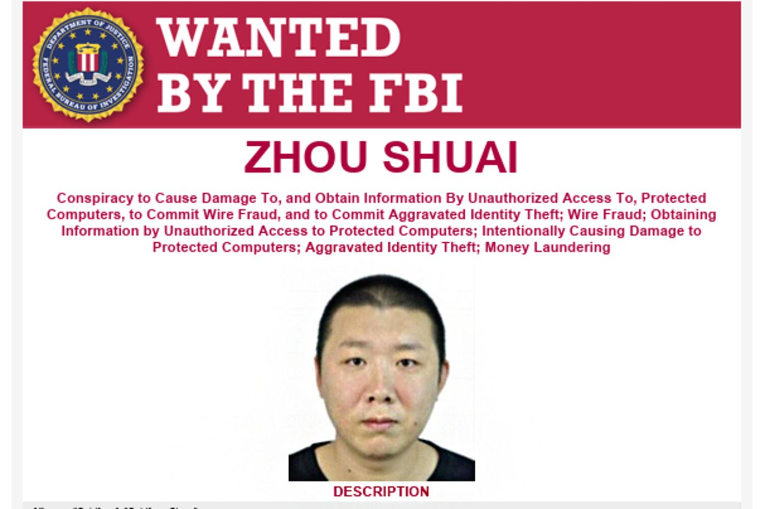 The 'Wanted by the FBI' poster for Chinese hacker Zhou Shuai, also known as Coldface and Coldface Chow.