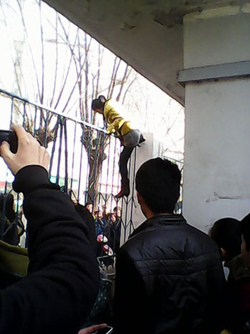 2013年1月28日，山西省呂梁市興縣第三中學上千名家長和學生遊行到縣政府示威，但被拒諸門外，有示威者爬過鐵欄入內抗議。（網民提供）