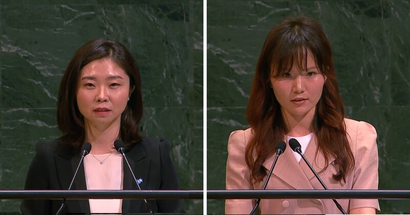 유엔총회에 참석해 증언하는 김은주 씨(왼쪽)와강규리 씨(오른쪽)의 모습.
