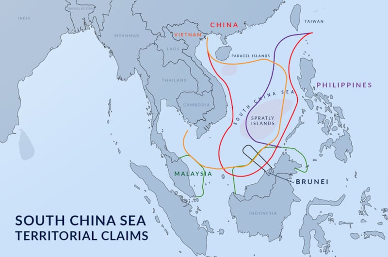 A map showing the competing claims in the South China Sea.